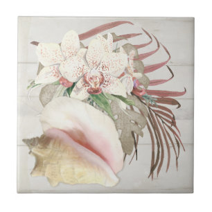 Carreau Plage Tropical Orchid Floral Conch Seashell Bois