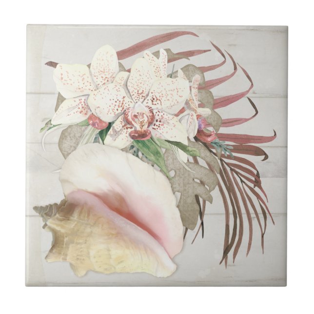 Carreau Plage Tropical Orchid Floral Conch Seashell Bois (Devant)