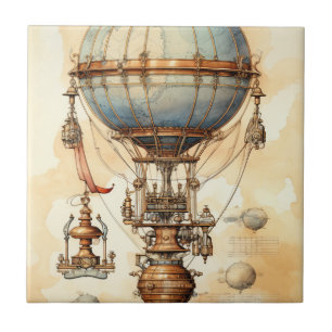 Carreau Plan de dirigeable Globe Steampunk Bleu Cuivre Sép