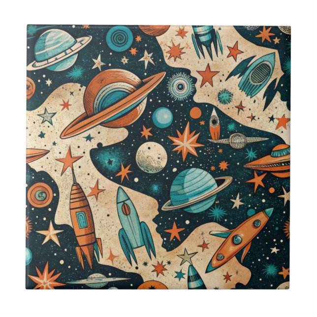 Carreau Planètes de fusée spatiale rétro Orange sarcelle N (Devant)