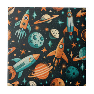 Carreau Planètes de l'espace rêveur sarcelle orange cosmiq
