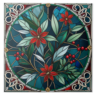 Carreau Plantes de Noël Fleur Rouge Feuilles Vertes Élégan