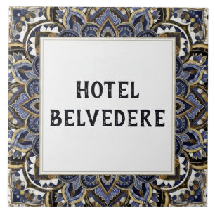 Carreau Plaque de nom de maison ou d'hôtel bleu doré éléga