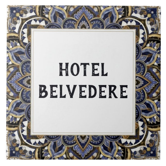 Carreau Plaque de nom de maison ou d'hôtel bleu doré éléga (Devant)