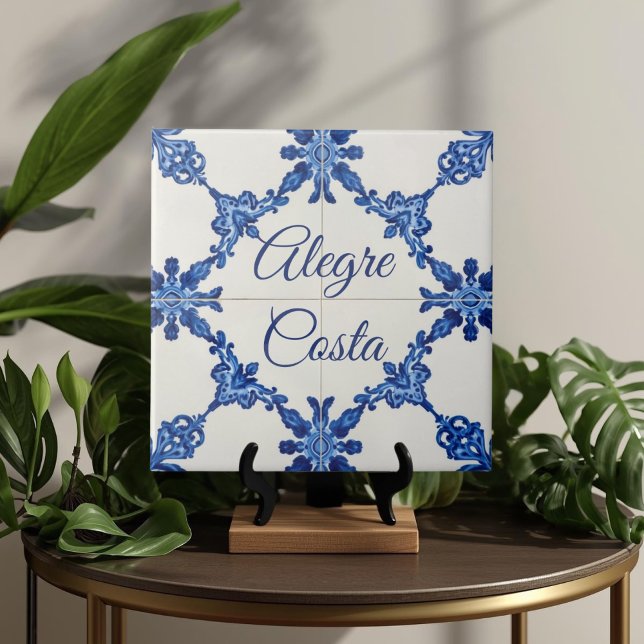 Carreau Plaque de nom de maison personnalisée Azulejo Bleu (Azulejo Mediterranean Blue & White Custom House Name Or Family Name Plaque Sign Square Ceramic Tile)