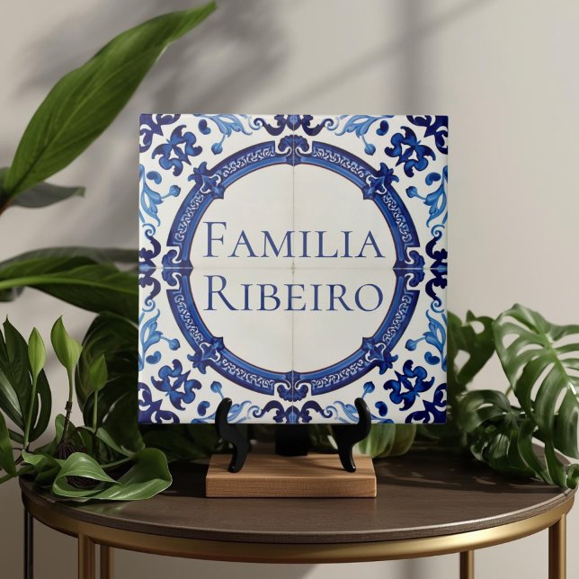 Carreau Plaque de nom de maison personnalisée Azulejo Bleu (Azulejo Mediterranean Blue & White Custom House Name Or Family Name Plaque Sign Square Ceramic Tile)