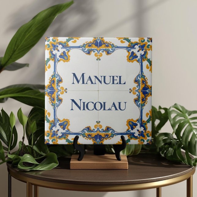 Carreau Plaque de nom personnalisée Azulejo colorée  (Azulejo Mediterranean Blue & White Custom House Name Or Family Name Plaque Sign Square Ceramic Tile)