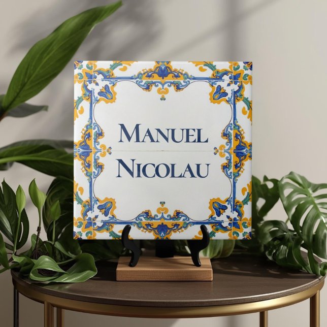 Carreau Plaque de nom personnalisée colorée Azulejo  (Azulejo Mediterranean Blue & White Custom House Name Or Family Name Plaque Sign Square Ceramic Tile)
