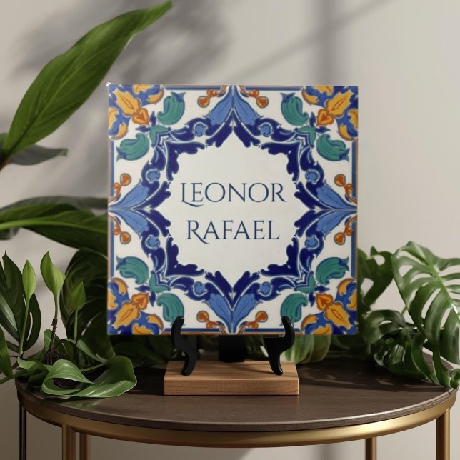 Carreau Plaque de nom personnalisée colorée Azulejo  (Azulejo Mediterranean Blue & White Custom House Name Or Family Name Plaque Sign Square Ceramic Tile)