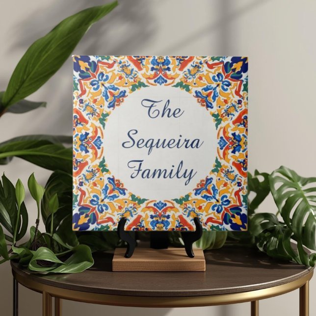 Carreau Plaque de nom personnalisée colorée Azulejo  (Azulejo Mediterranean Blue & White Custom House Name Or Family Name Plaque Sign Square Ceramic Tile)