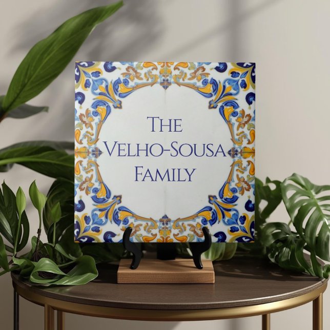Carreau Plaque de nom personnalisée colorée Azulejo  (Azulejo Mediterranean Blue & White Custom House Name Or Family Name Plaque Sign Square Ceramic Tile)