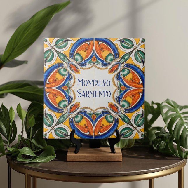 Carreau Plaque de nom personnalisée colorée Azulejo  (Azulejo Mediterranean Blue & White Custom House Name Or Family Name Plaque Sign Square Ceramic Tile)