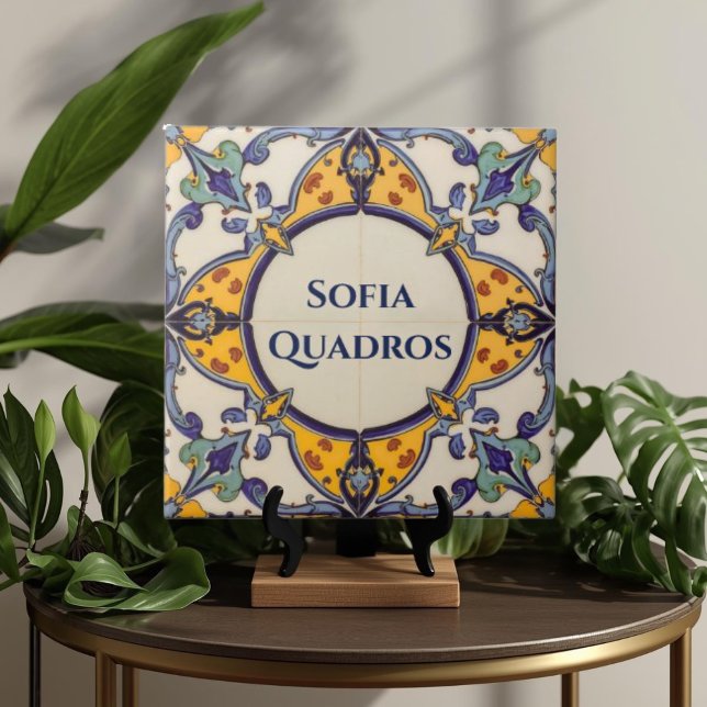Carreau Plaque de nom personnalisée colorée Azulejo (Azulejo Mediterranean Blue & White Custom House Name Or Family Name Plaque Sign Square Ceramic Tile)