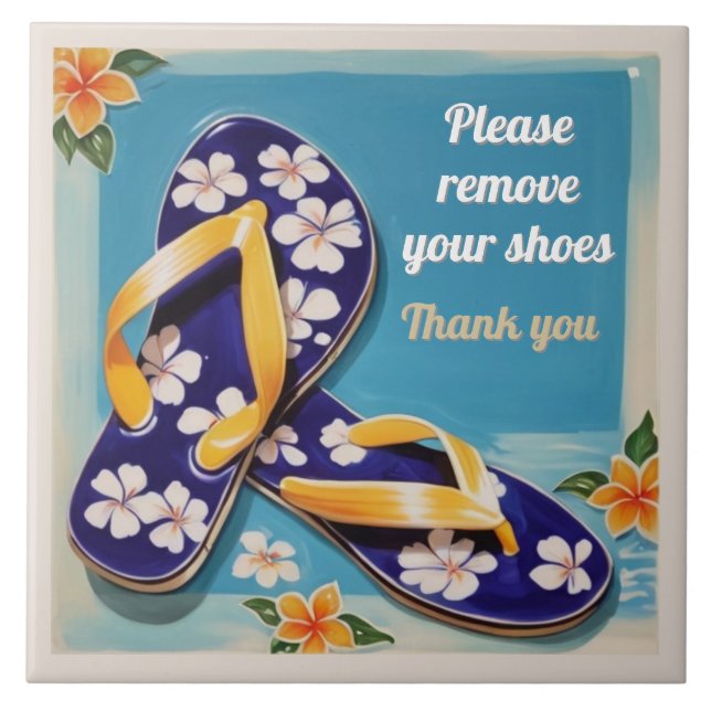 Carreau Please Remove Shoes Sign Blue Hawaiian Flip Flops (Devant)