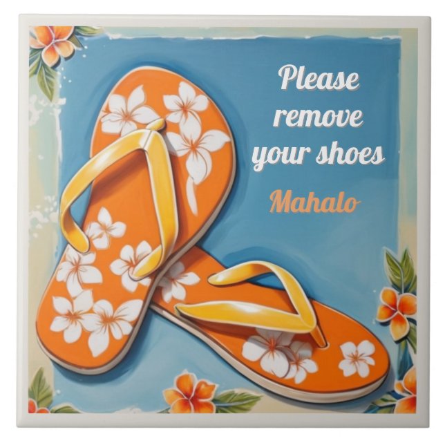 Carreau Please Remove Shoes Sign Orange Hawaiian FlipFlops (Devant)