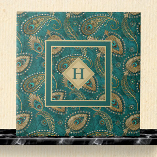 Carreau Plume de paon Paisley sarcelle or vintage initiale