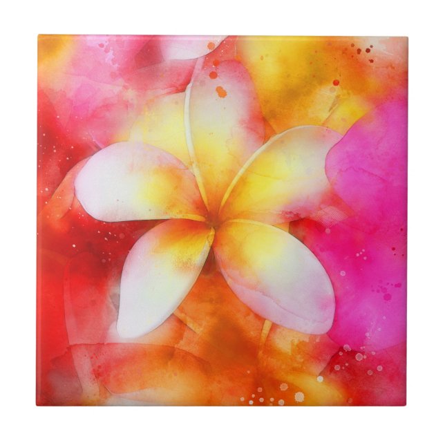 Carreau Plumeria hawaïenne dans Neon rose, jaune et blanc (Devant)