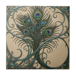 Carreau Plumes de paon Art nouveau Cadre sarcelle orné