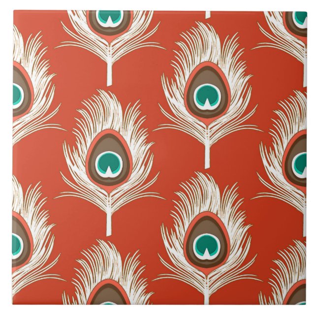 Carreau Plumes de paon, blanches sur la mandarine (Devant)