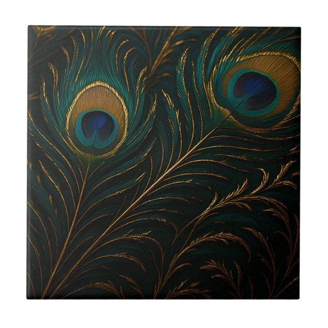 Carreau Plumes de paon luxueuses motif sarcelle doré (Devant)