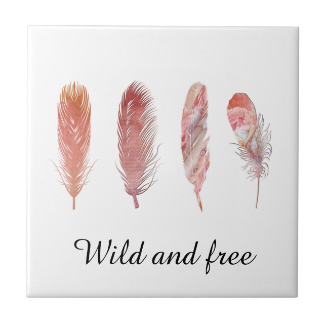 Carreau Plumes en rose et corail sur blanc sauvage et libr (Devant)