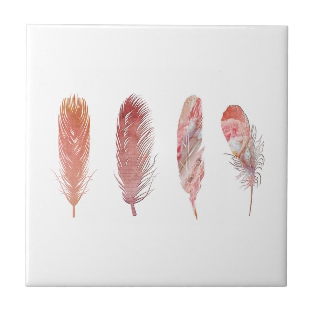 Carreau Plumes en rose et corail sur fond blanc (Devant)