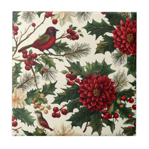 Carreau Poinsettia européen Noël Crème Rouge Vert