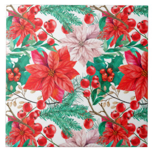 Carreau Poinsettia, Pine Boughs et Red Berries