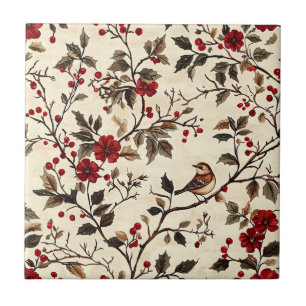 Carreau Poinsettia Vintage Oiseau Noël Crème Rouge