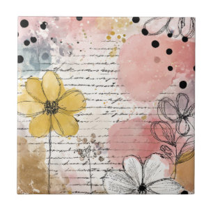 Carreau Points noirs et blancs - Croquis floraux roses