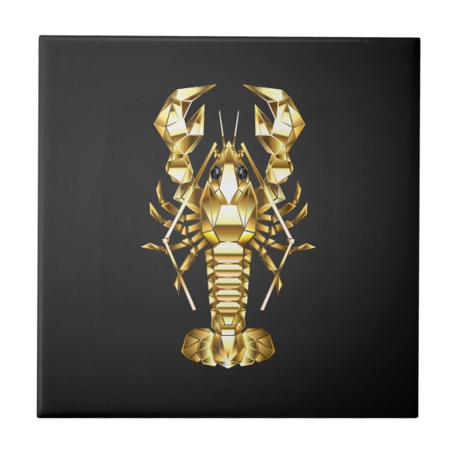 Carreau Poisson à langouste polygonale dorée sur noir (Devant)