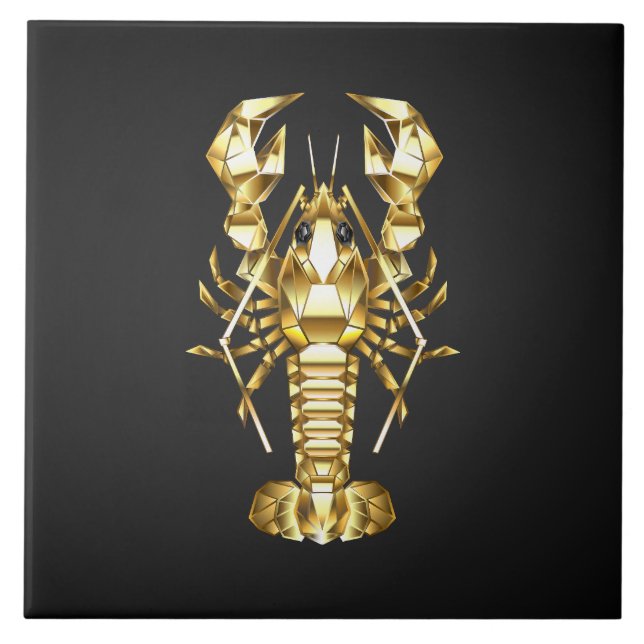 Carreau Poisson à langouste polygonale dorée sur noir (Devant)