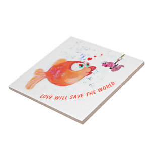 Carreau Poisson amusant et ver amour romantique - Texte pe