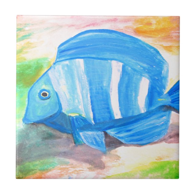 Carreau Poisson bleu tropical Aquarelle Océan (Devant)