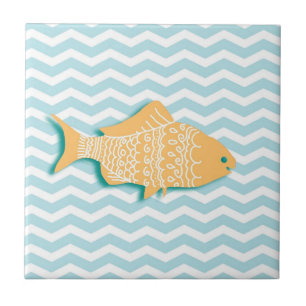 Carreau Poisson d'or sur chevron bleu menthe