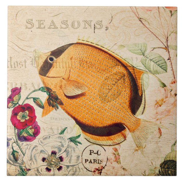 Carreau Poisson-papillon vintage Illustration Florale fran (Devant)