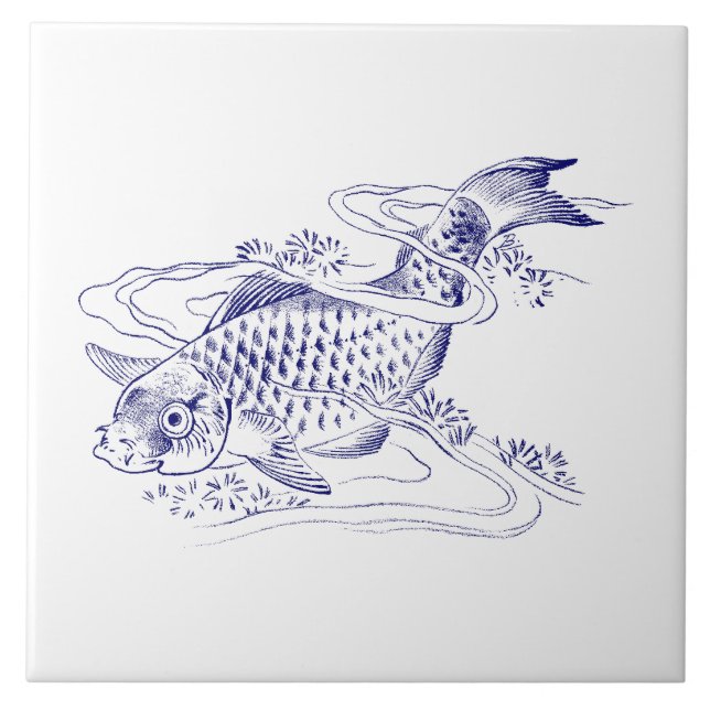 Carreau Poisson vintage japonais bleu et blanc Koi (Devant)