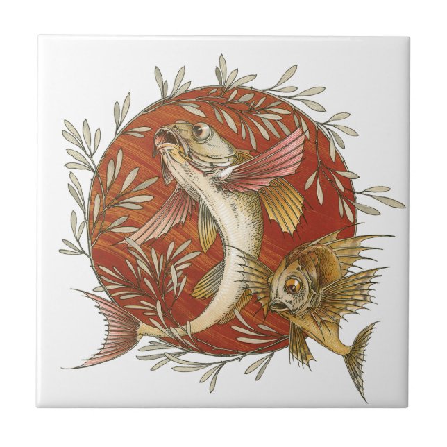 Carreau Poisson Volant Japonais et Feuilles de Bambou Art  (Devant)