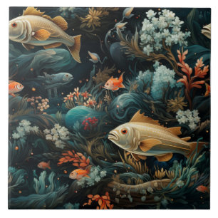 Carreau Poissons dorés et botaniques sarcelle sous-marins