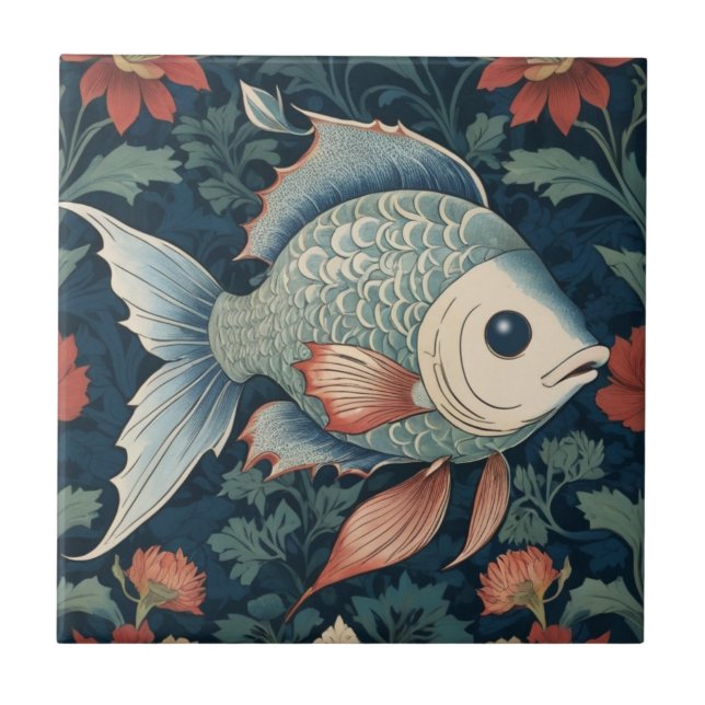 Carreau Poissons tropicaux style William Morris Ocean Sea  (Devant)