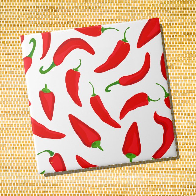 Carreau Poivrons rouges en blanc (Red Chilli Pepper Patterned Ceramic Wall Tile)