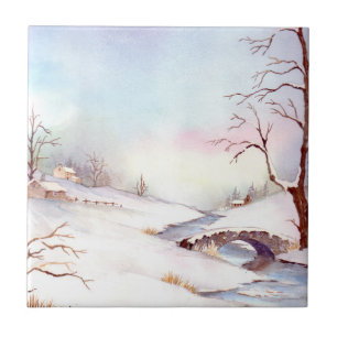 Carreau Pont Snowy Aquarelle Paysage Peinture