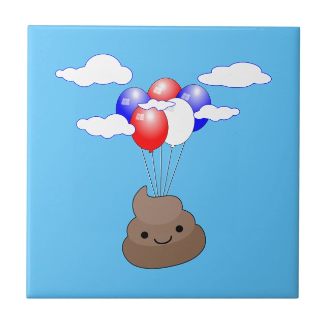 Carreau Poo Emoji Voler Avec Des Ballons Dans Le Ciel Bleu (Devant)