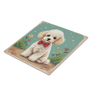Carreau Poodle blanc adorable avec noeud papillon