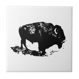 Carreau Pop Art Black White Buffalo Bison Silhouette