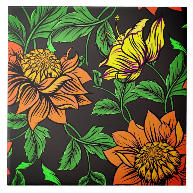 Carreau Pop Fleurs Lumineuses de l'Arrière - plan noir (Devant)