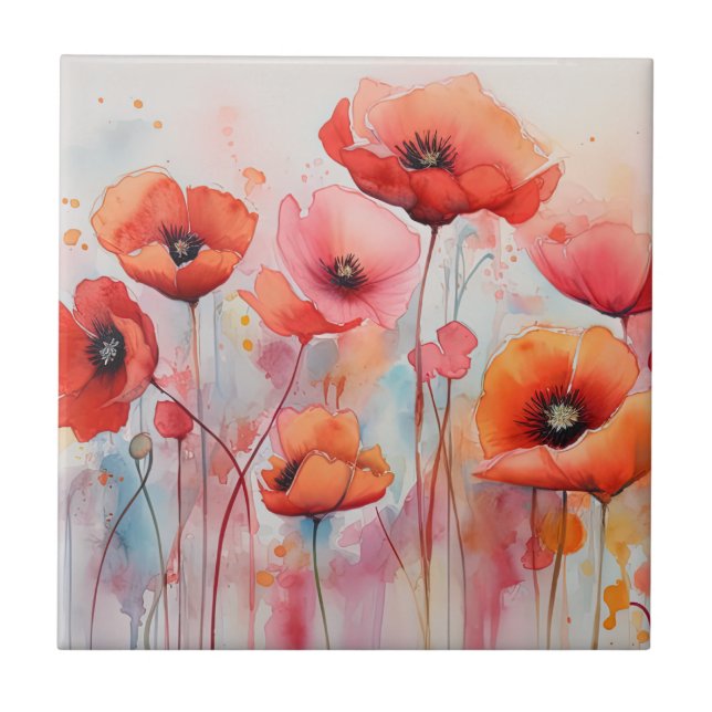 Carreau Poppies d'aquarelle rouge dans un champ (Devant)