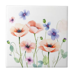 Carreau Poppies et violettes d'aquarelle douce dans un rom