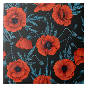 Carreau Poppies, rouge et bleu sur noir