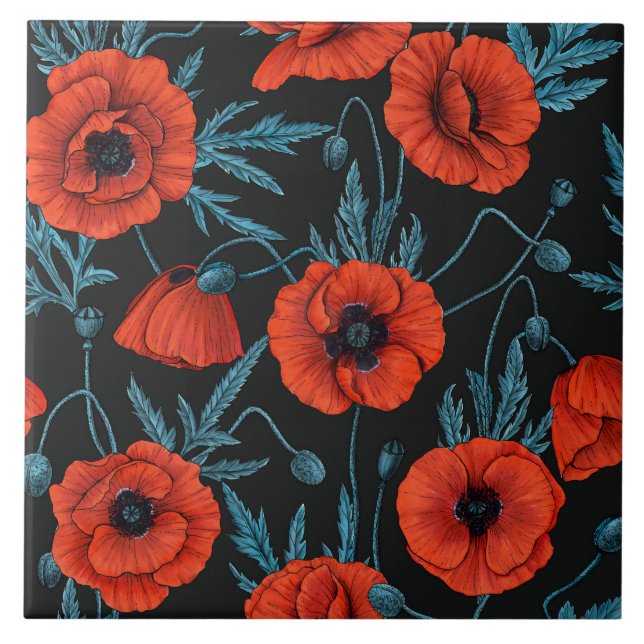 Carreau Poppies, rouge et bleu sur noir (Devant)